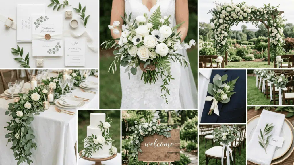 white and greenery wedding color scheme collage with fresh florals leaves and minimal decor