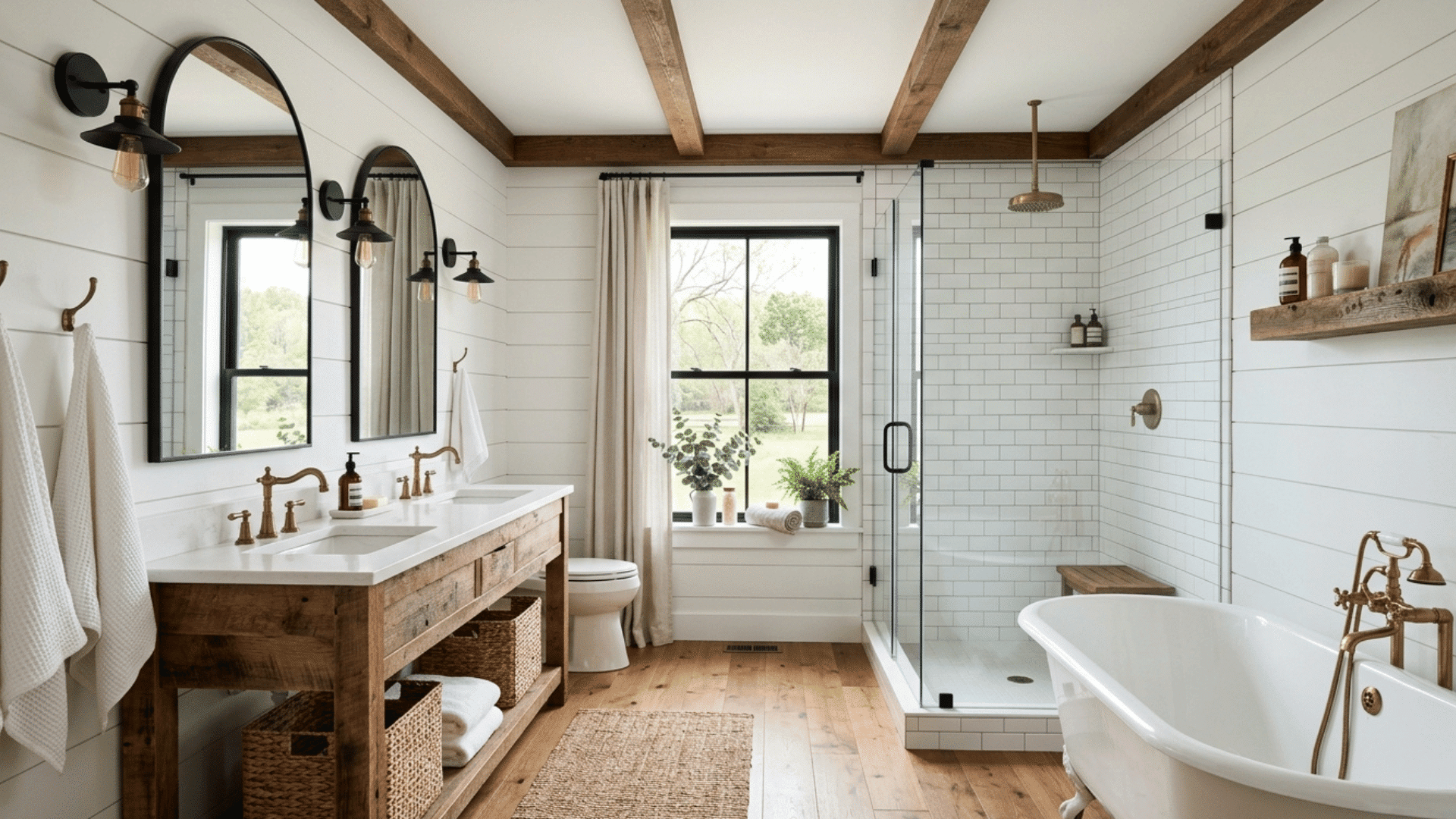 white and wood farmhouse bathroom with double sinks, freestanding tub, and ladder decor.