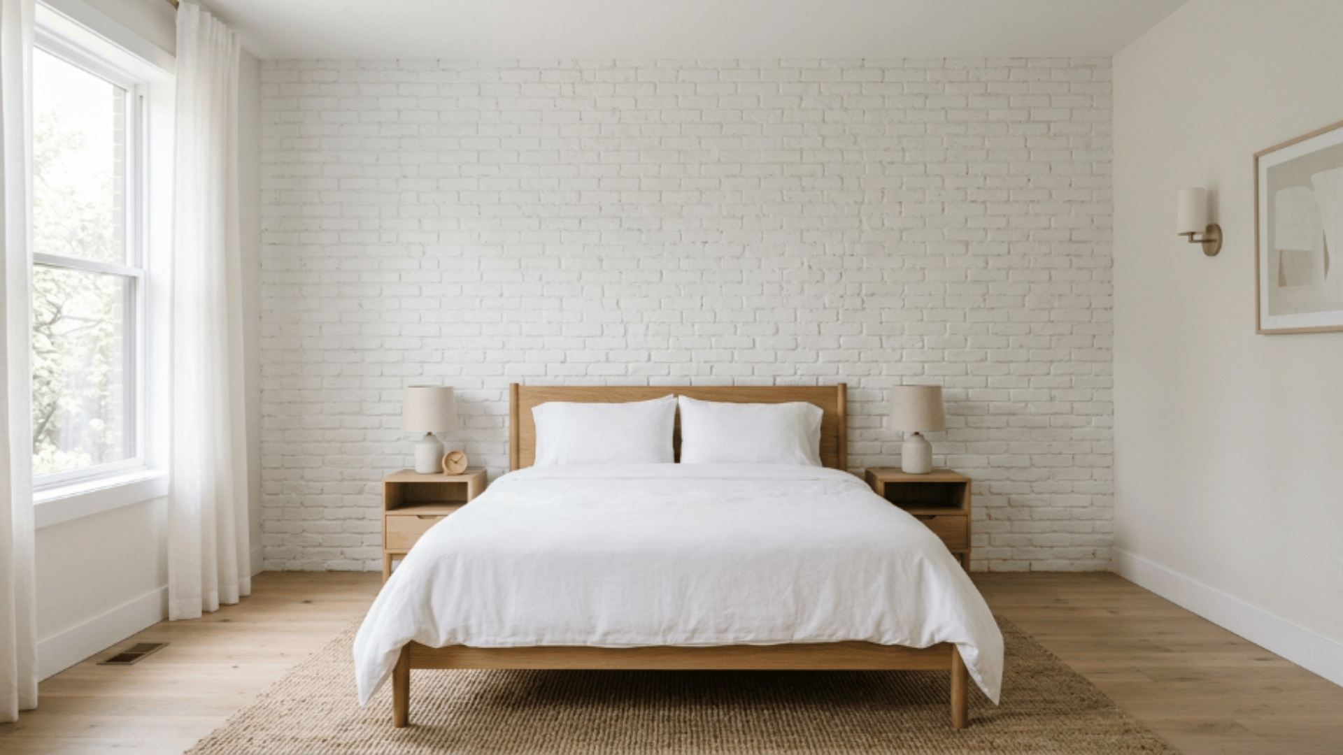 white brick wall reflecting light and keeping the bedroom bright and open