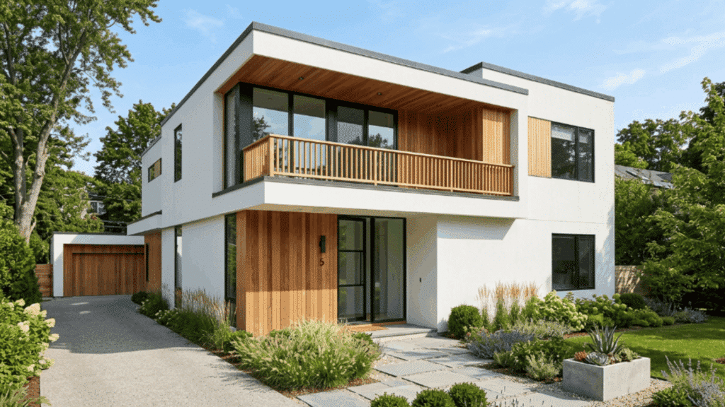 white exterior walls paired with natural wood accents create a clean, balanced modern design with warmth and simple elegance.