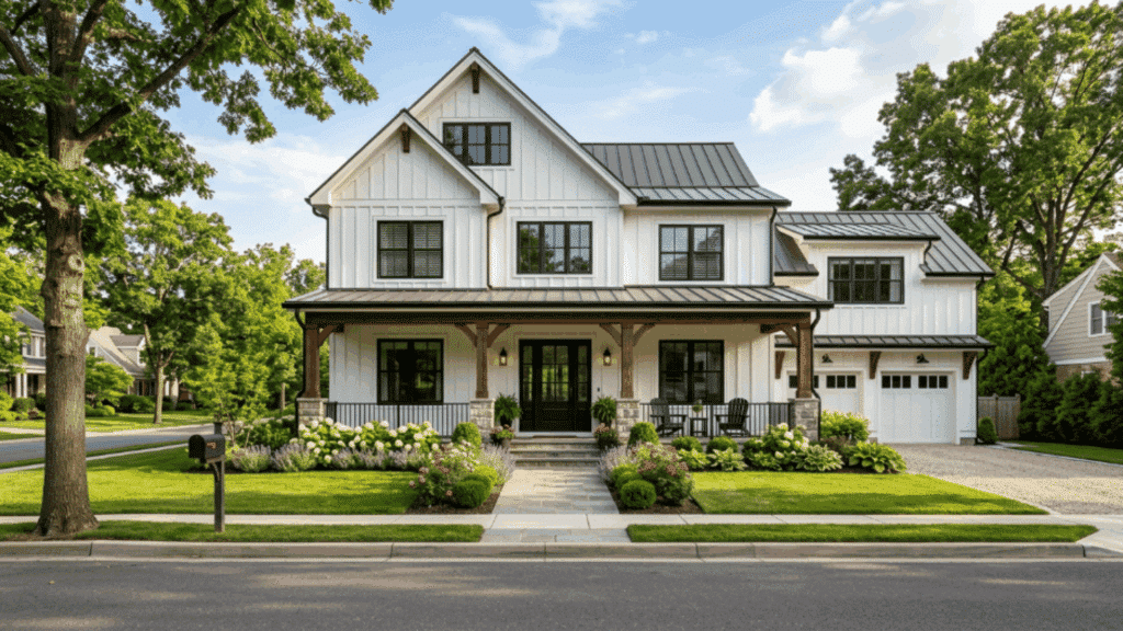white farmhouse exterior with alabaster white siding black window frames black front door front porch green lawn bright daylight