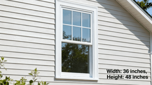 white framed double hung window on light siding exterior wall with visible trim and reflected trees in glass panes