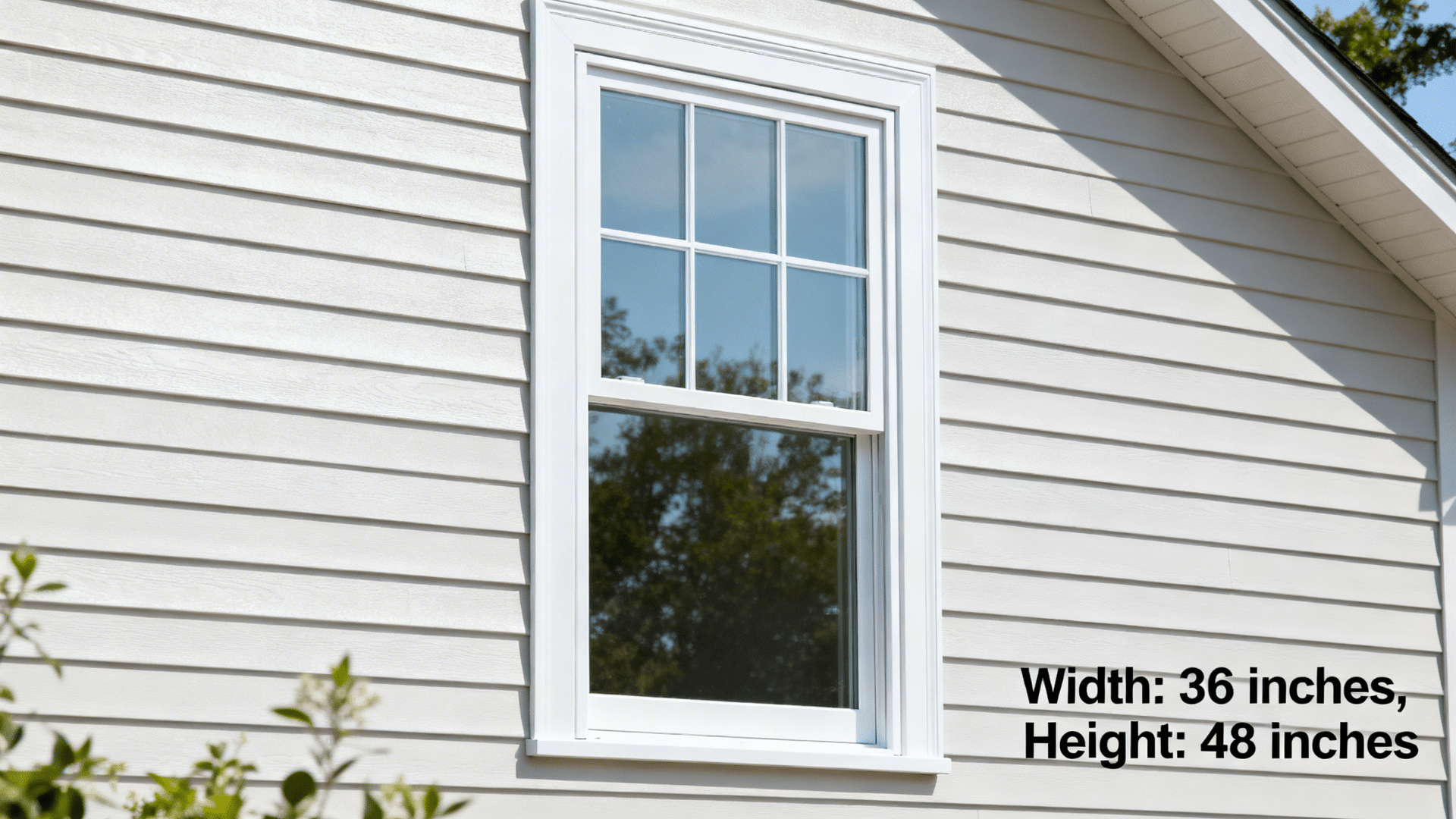 white framed double hung window on light siding exterior wall with visible trim and reflected trees in glass panes