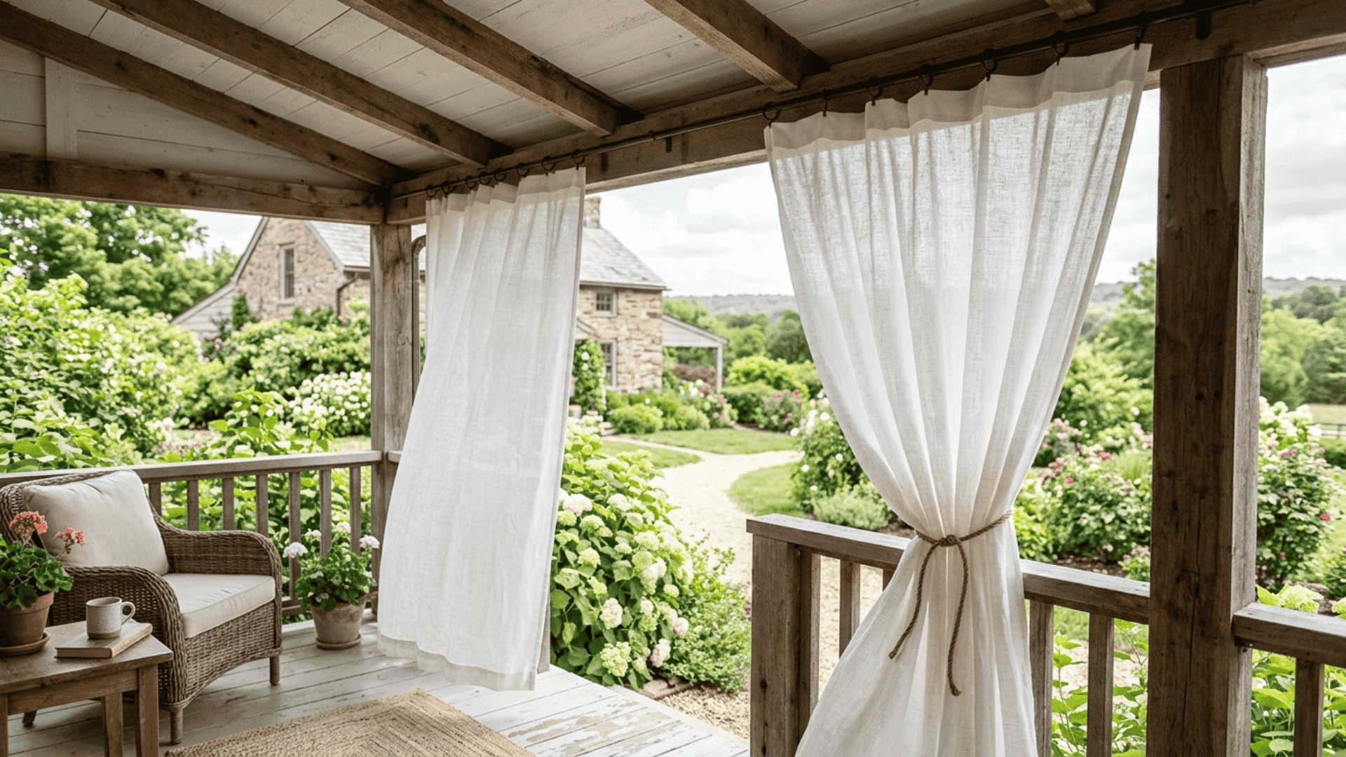 white linen outdoor curtains hanging from covered farmhouse porch ceiling rod tied back loosely in daylight