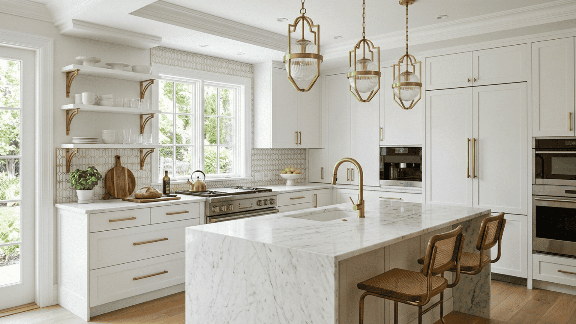 white marble kitchen with brass fixtures and clean cabinetry in art deco inspired interior design setup