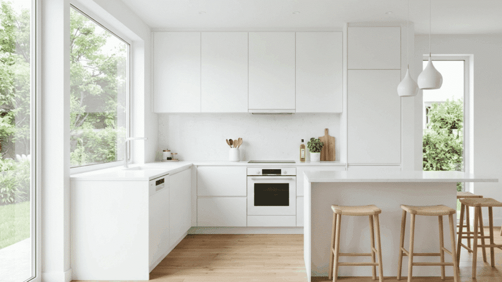 white modular kitchen with clean cabinets, wooden floor, bright natural light and minimal modern design