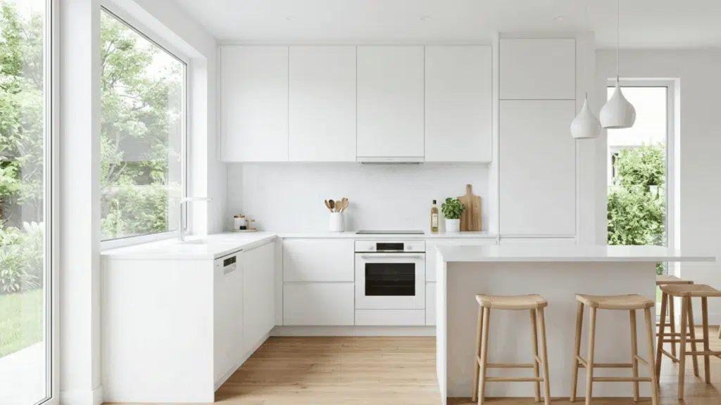 white modular kitchen with clean cabinets, wooden floor, bright natural light and minimal modern design