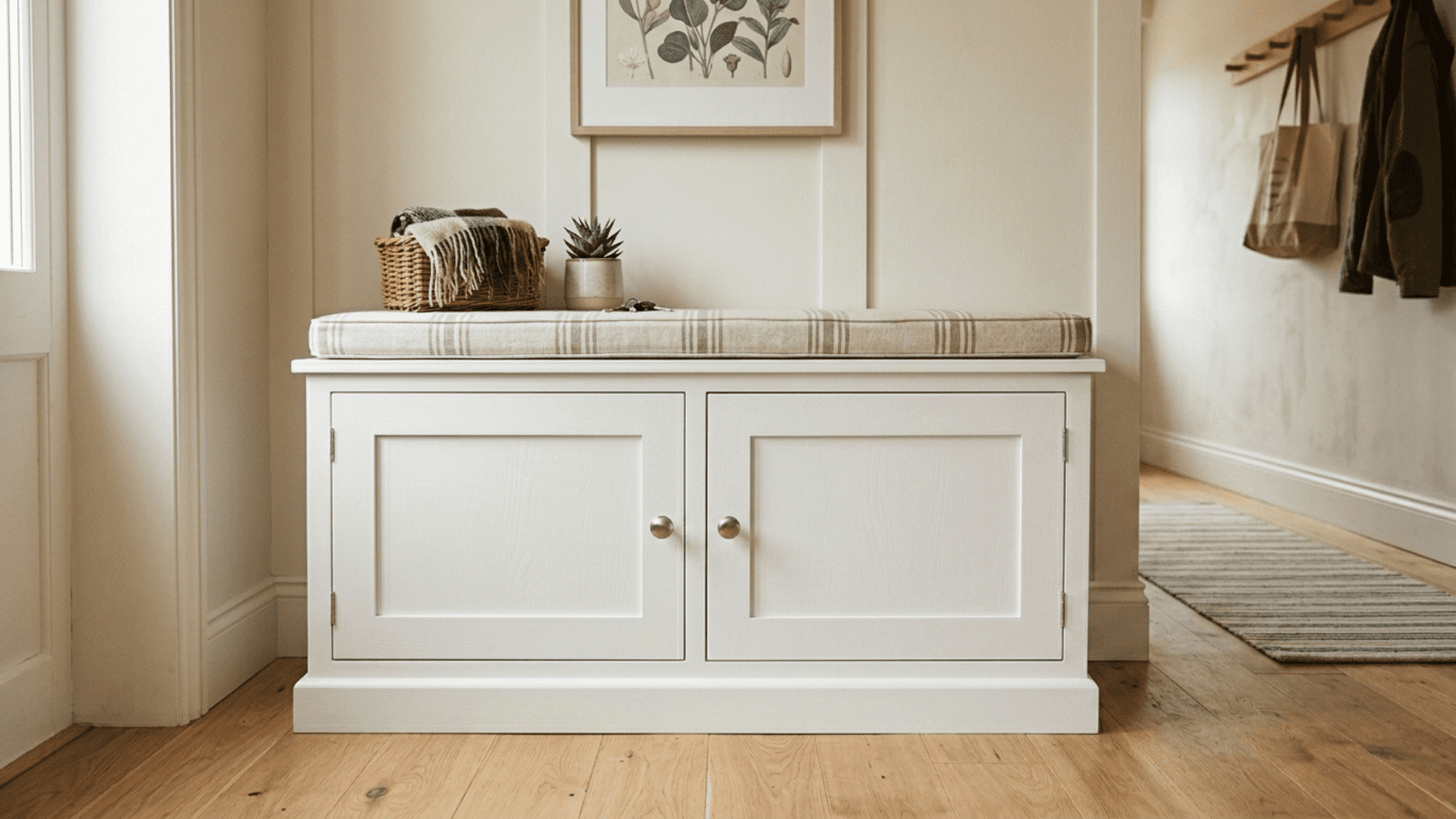 white painted mudroom bench with closed cabinet doors cushioned top and wicker basket in a bright neutral entryway