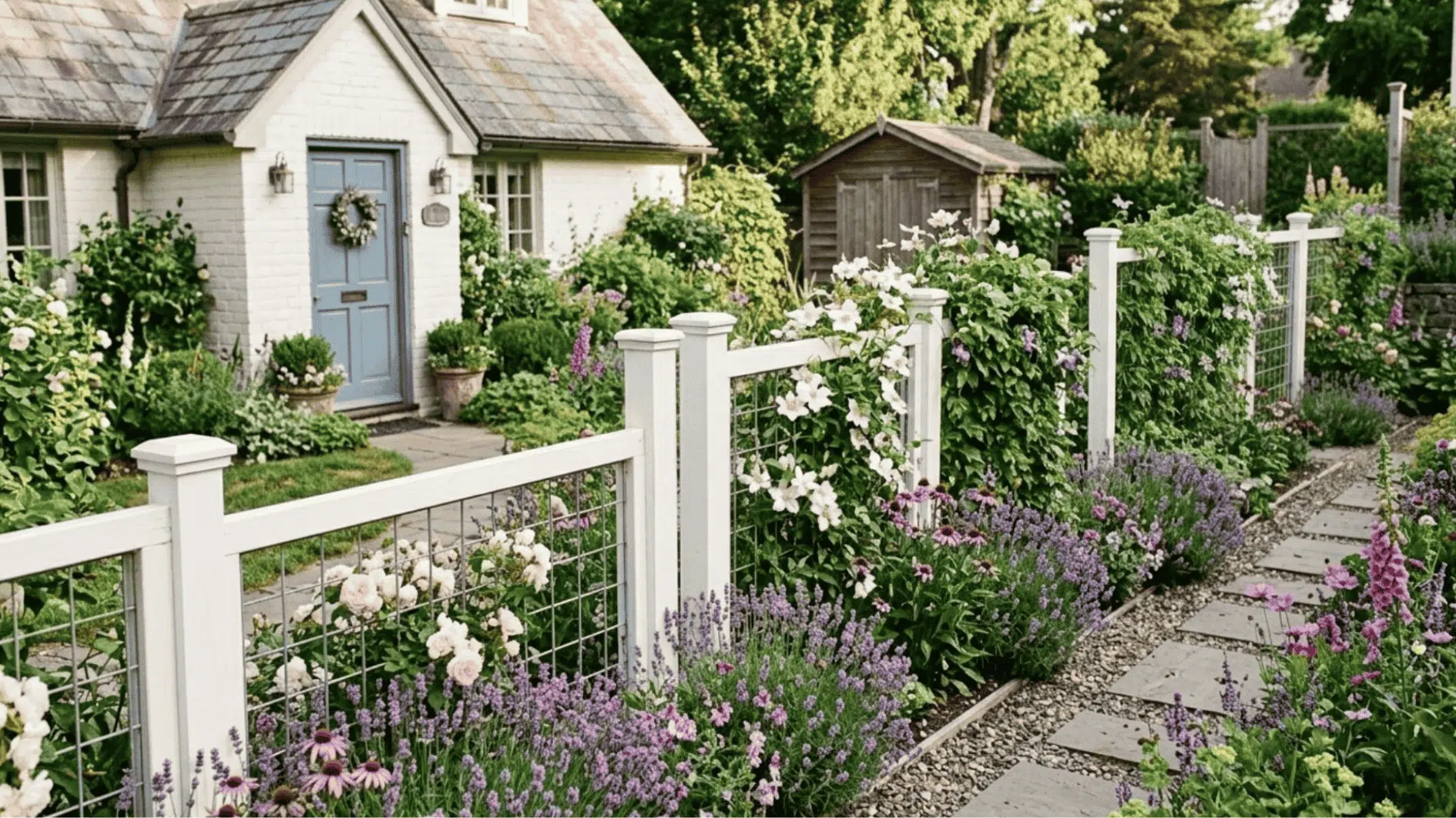 white painted wood and hog wire cottage fence with roses and lavender garden