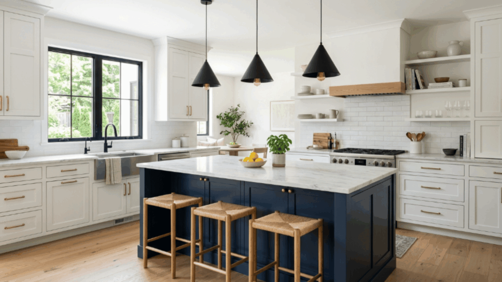 white shaker cabinets combined with sleek pendant lights create a kitchen that feels timeless functional and visually fresh