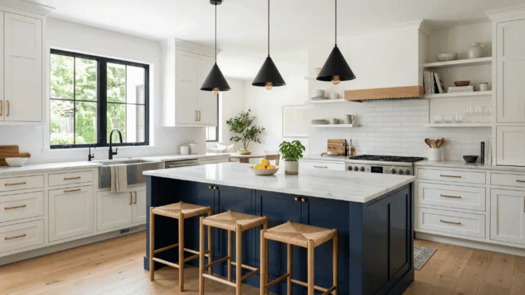 white shaker cabinets combined with sleek pendant lights create a kitchen that feels timeless functional and visually fresh