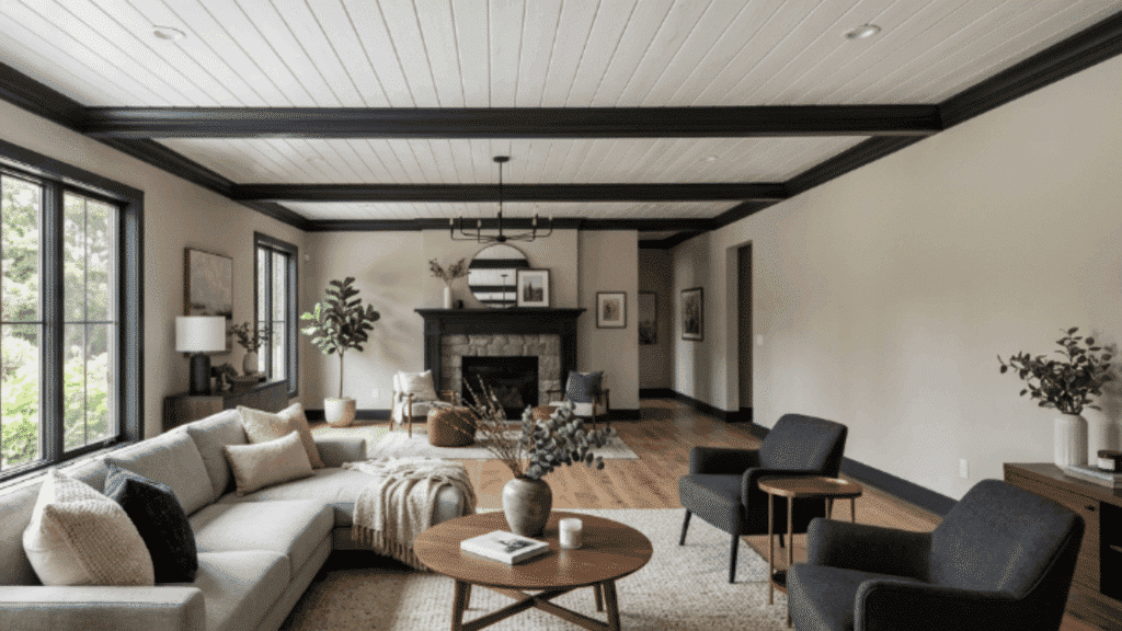 white shiplap ceiling with contrasting trim border highlighting the plank pattern and adding architectural detail to the room interior