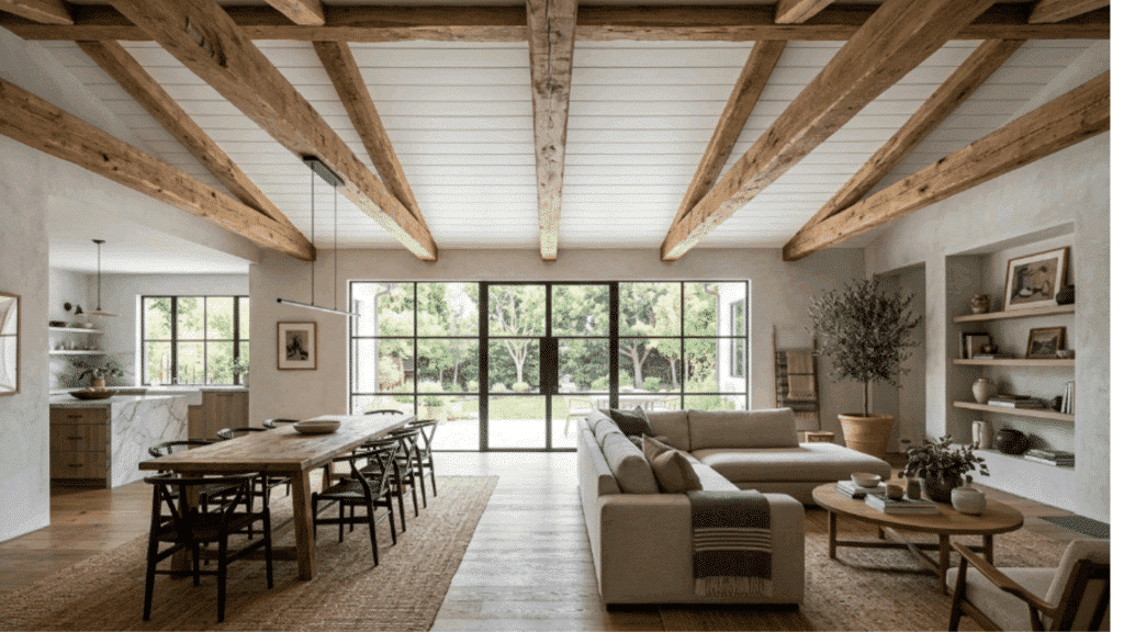 white shiplap paired with exposed wood beams adds depth and structure while creating a strong architectural focal point