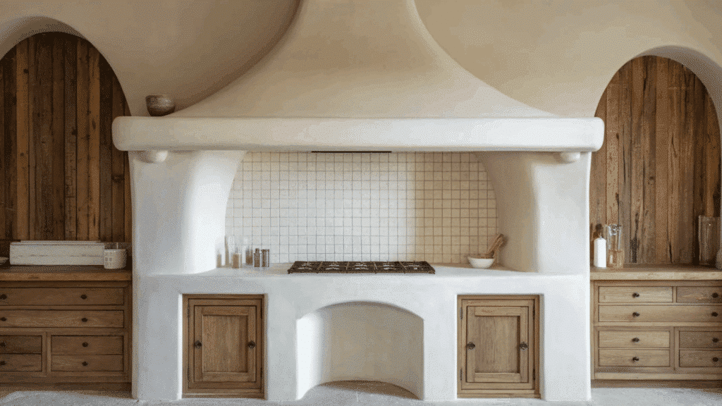 white stucco range hood with wood cabinets, tiled backsplash, and rustic wood panel accents