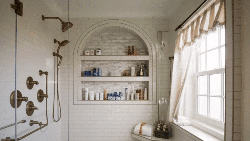 white tiled shower with glass enclosure, brass fixtures, arched niche shelves, and window with sheer curtain