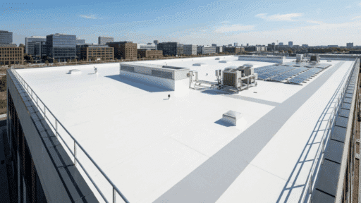 white tpo roofing system on a large flat commercial building with hvac units and solar panels installed