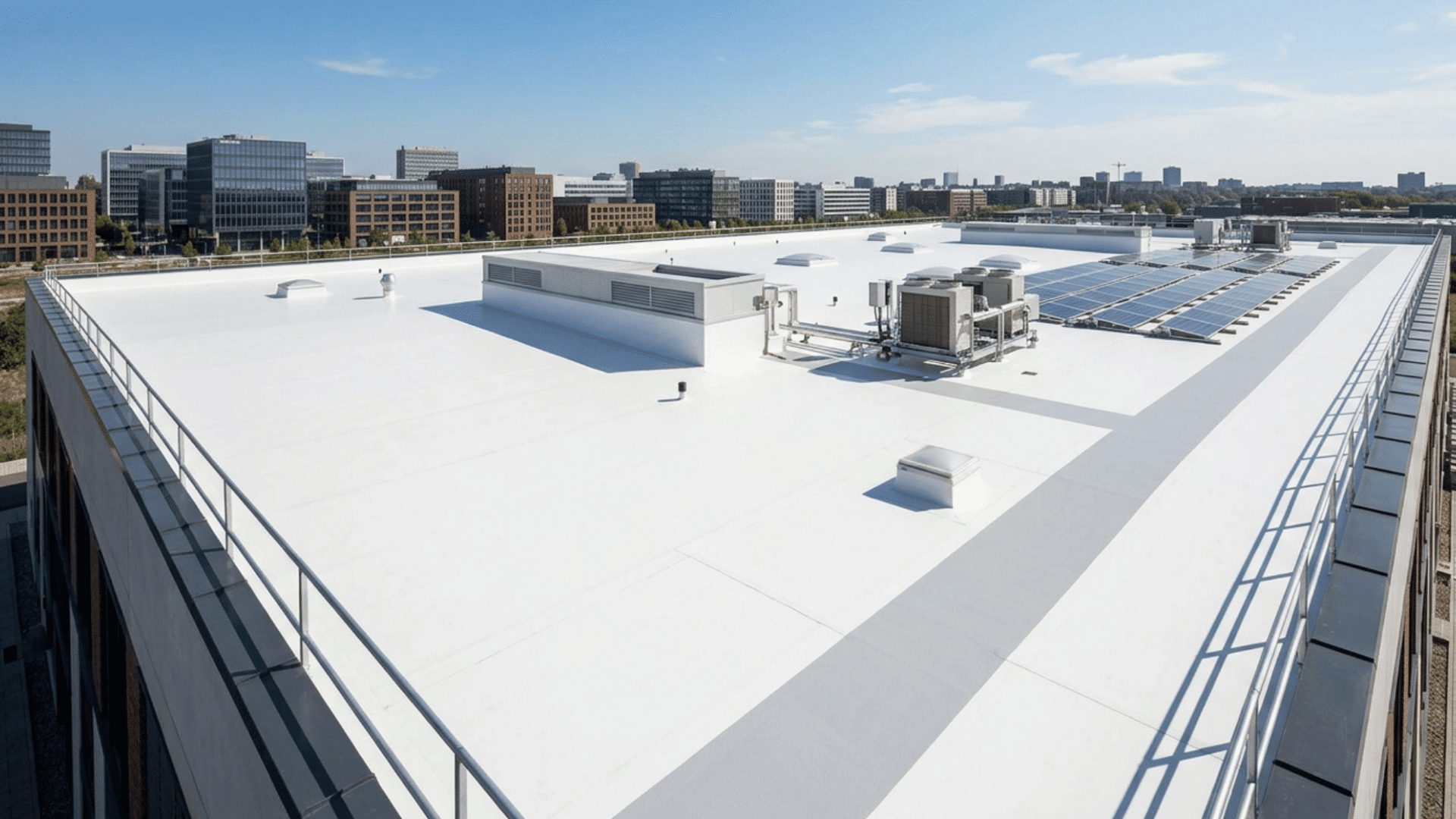 white tpo roofing system on a large flat commercial building with hvac units and solar panels installed