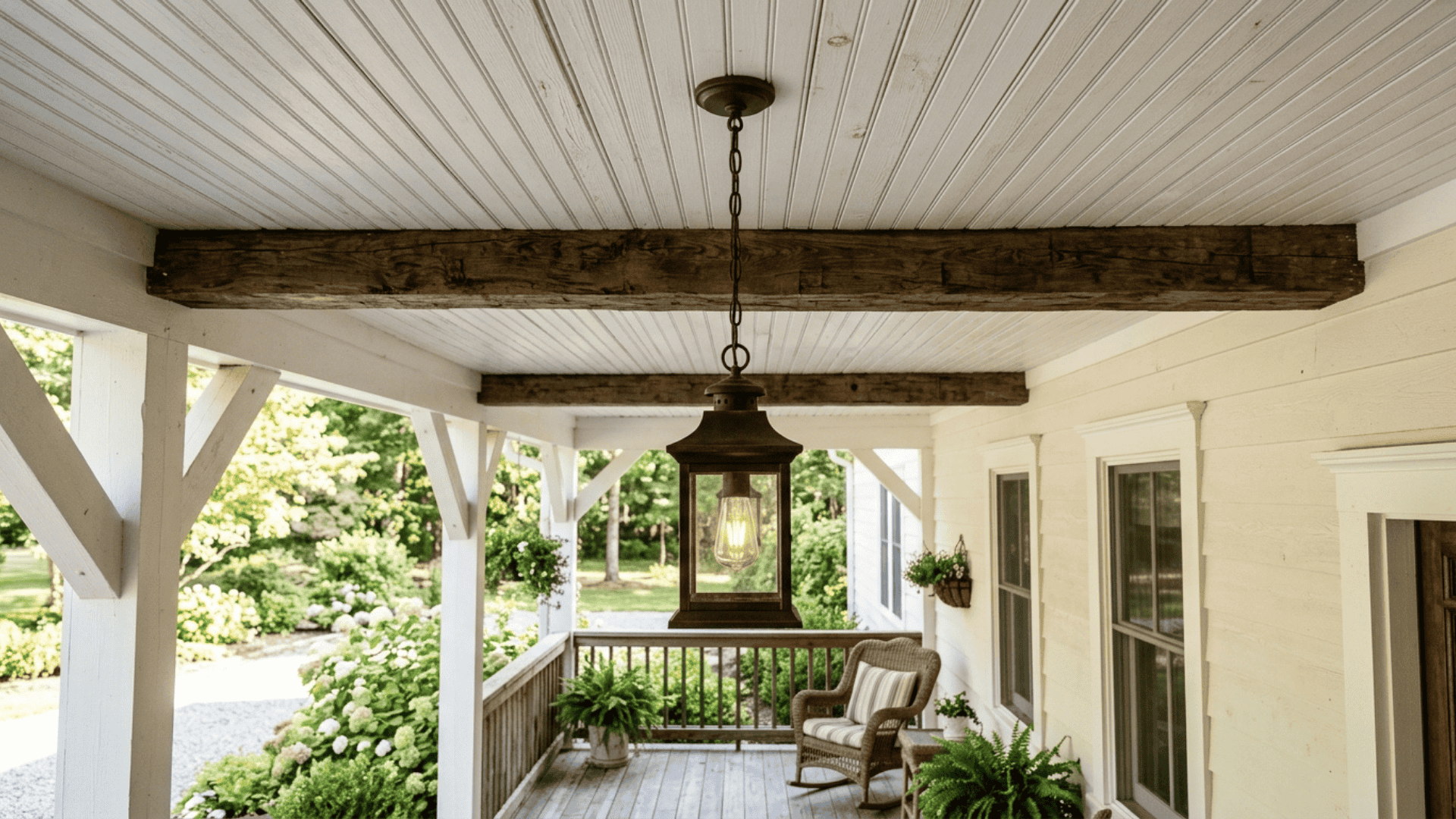 white wood plank porch ceiling with exposed beam and hanging lantern pendant on a covered farmhouse porch