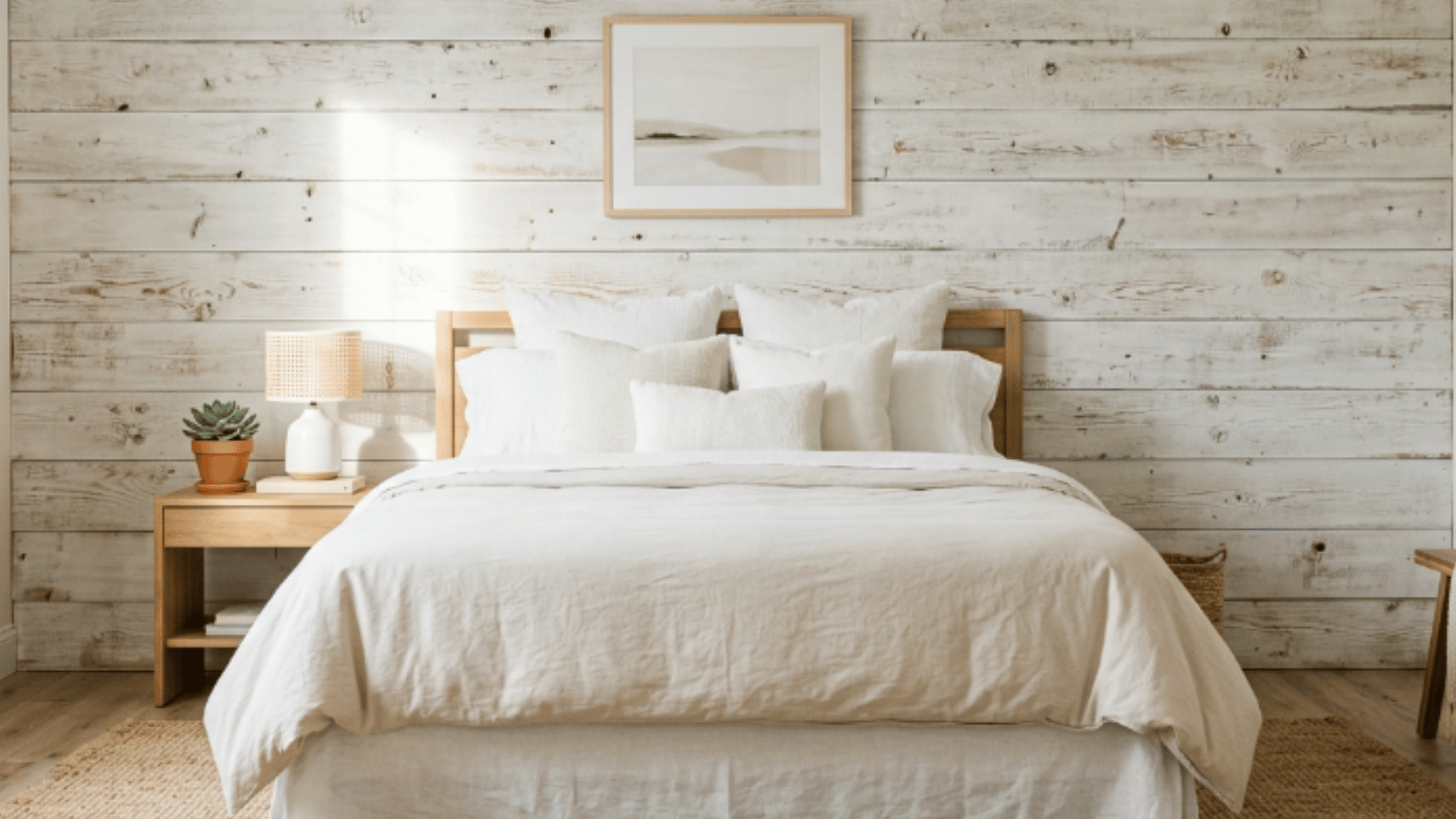 whitewashed wood panels adding soft texture while keeping the bedroom bright and simple