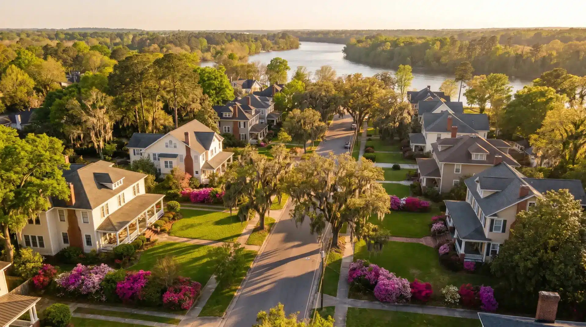 Scenic aerial view of suburban neighborhood with large homes and blooming gardens near a river