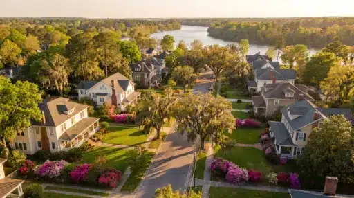 Scenic aerial view of suburban neighborhood with large homes and blooming gardens near a river