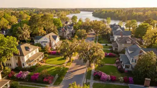 Scenic aerial view of suburban neighborhood with large homes and blooming gardens near a river