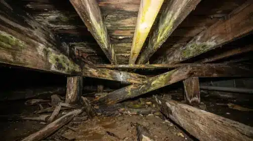 Rotted wooden beams with mold in a dark, damp crawl space environment
