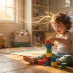 Toddler stacking colorful blocks on wooden floor in sunlit playroom with toys and books nearby