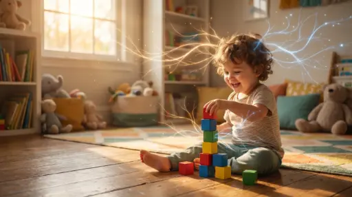 Toddler stacking colorful blocks on wooden floor in sunlit playroom with toys and books nearby