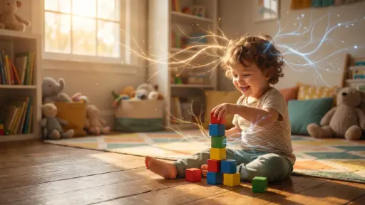 Toddler stacking colorful blocks on wooden floor in sunlit playroom with toys and books nearby