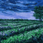 wide landscape oil painting of green field with textured brushstrokes under dramatic blue sky and lone tree on horizon.