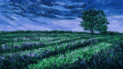 wide landscape oil painting of green field with textured brushstrokes under dramatic blue sky and lone tree on horizon.