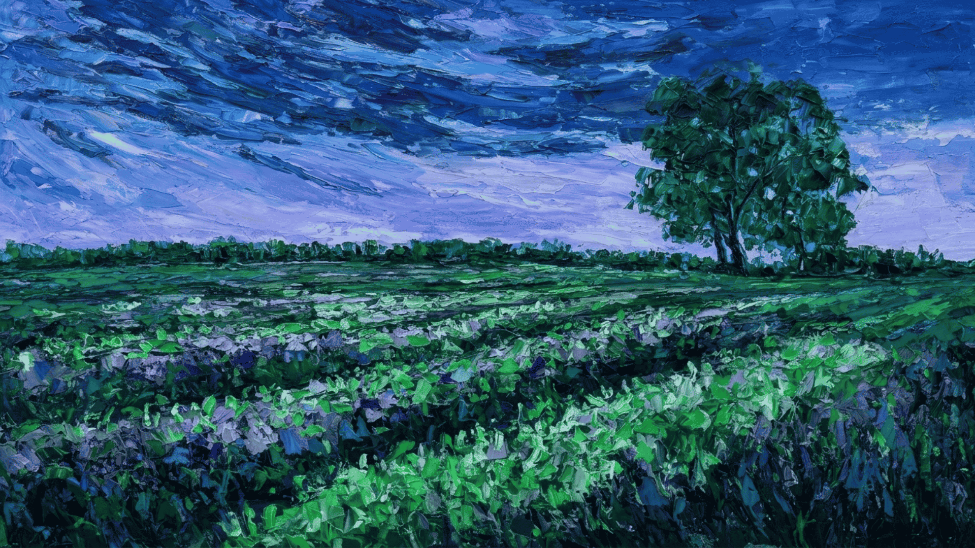 wide landscape oil painting of green field with textured brushstrokes under dramatic blue sky and lone tree on horizon.