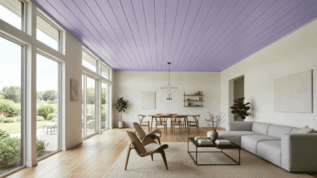 wide shiplap boards give the ceiling a clean and open appearance with fewer lines and a calm modern look