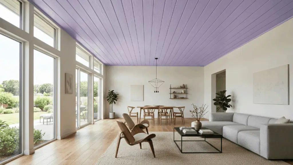wide shiplap boards give the ceiling a clean and open appearance with fewer lines and a calm modern look