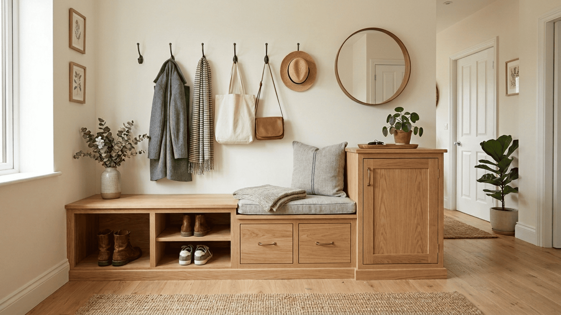 wide wooden bench unit combining open cubbies small drawers and a closed cabinet section with hooks mounted on wall above