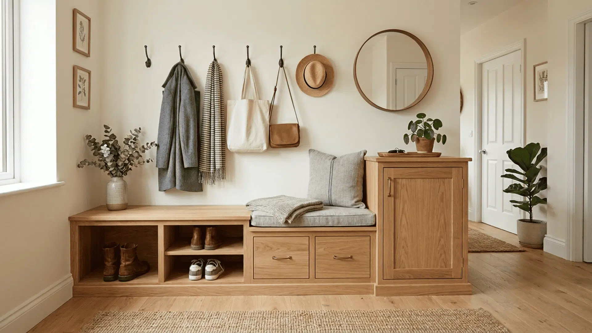 wide wooden bench unit combining open cubbies small drawers and a closed cabinet section with hooks mounted on wall above