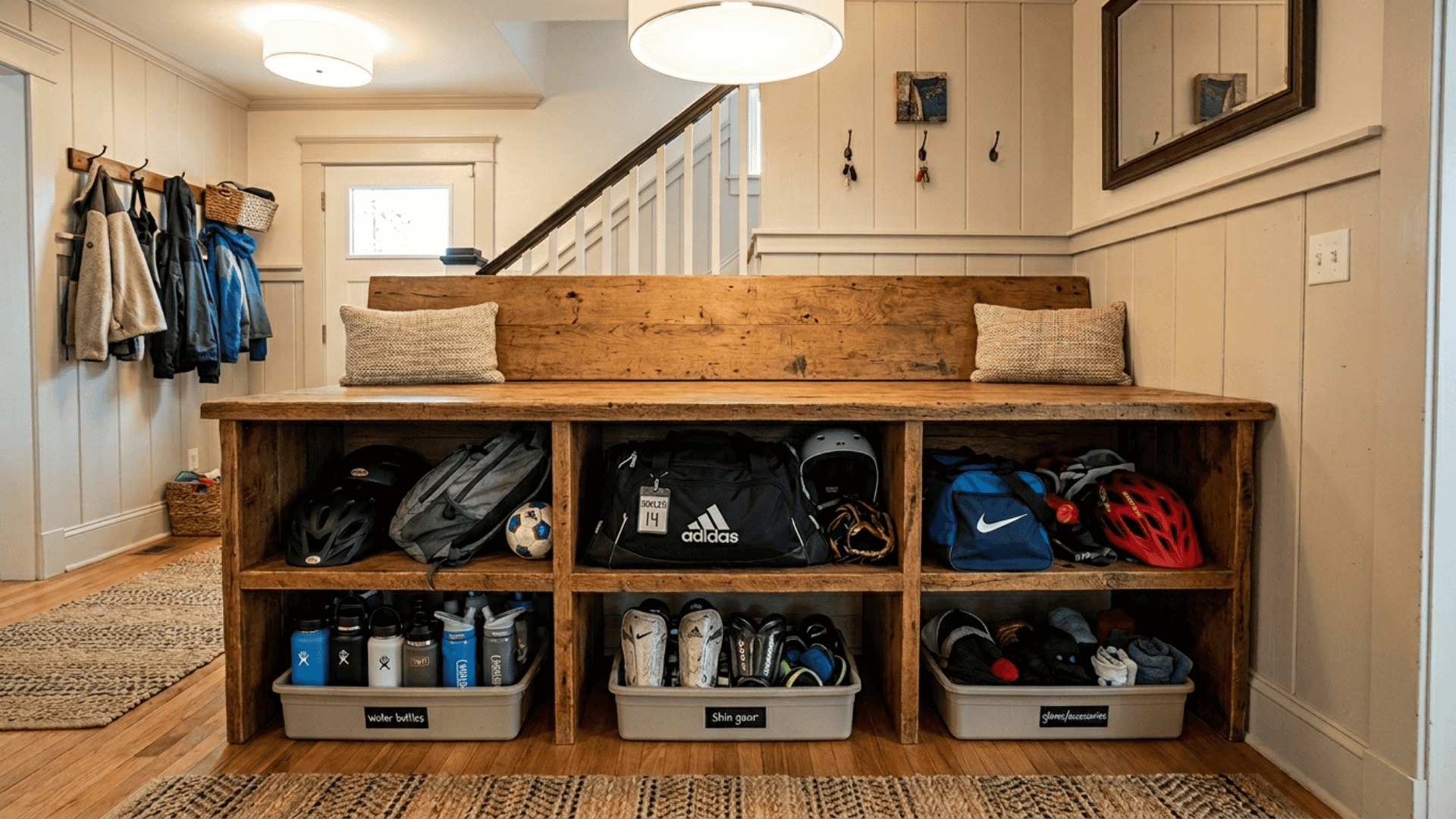 wide wooden bench with deep open compartments holding helmets and sports bags and smaller bins storing sports accessories below