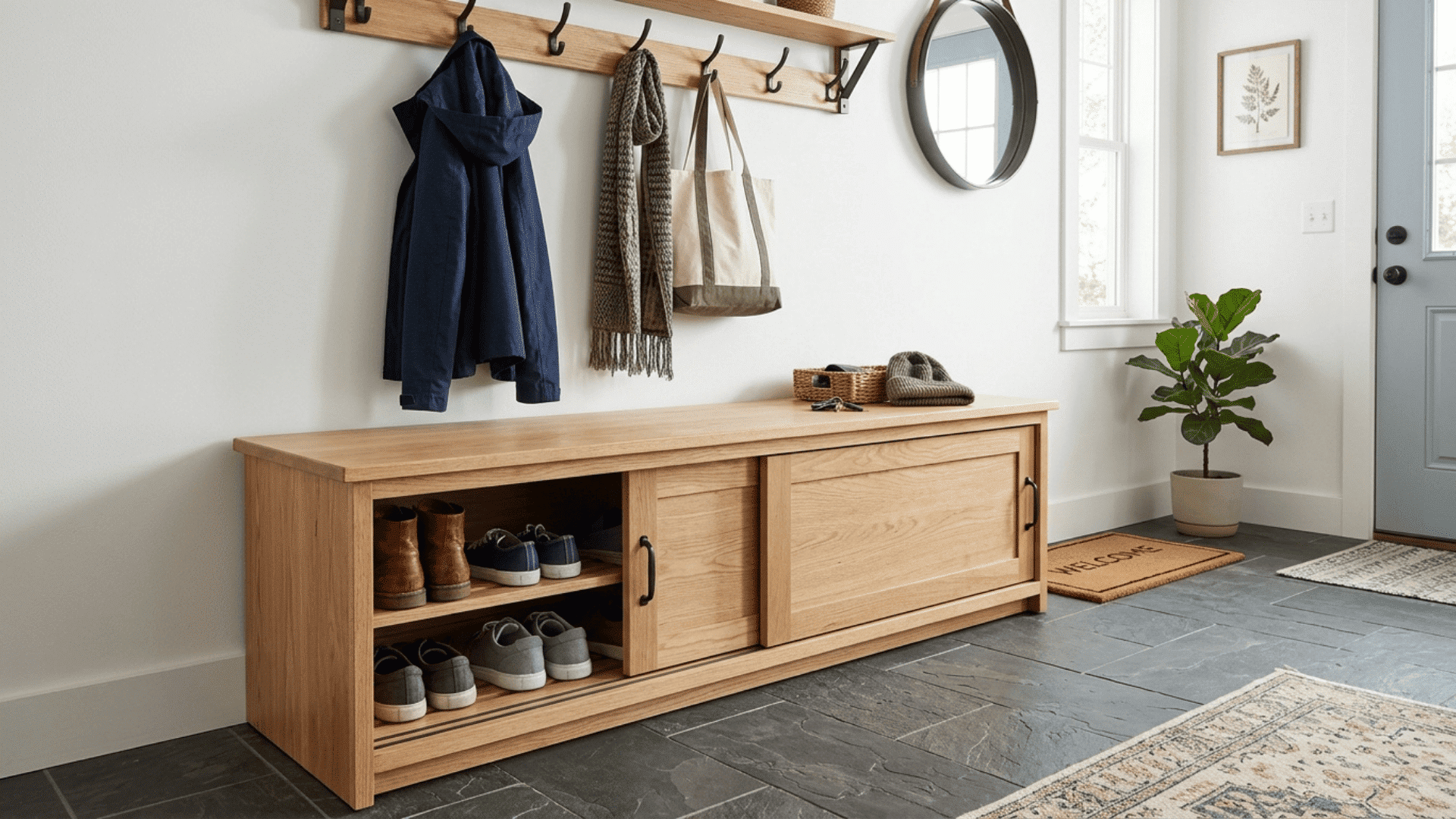 wide wooden mudroom bench with sliding storage doors slightly open revealing shoes stored inside against a white wall