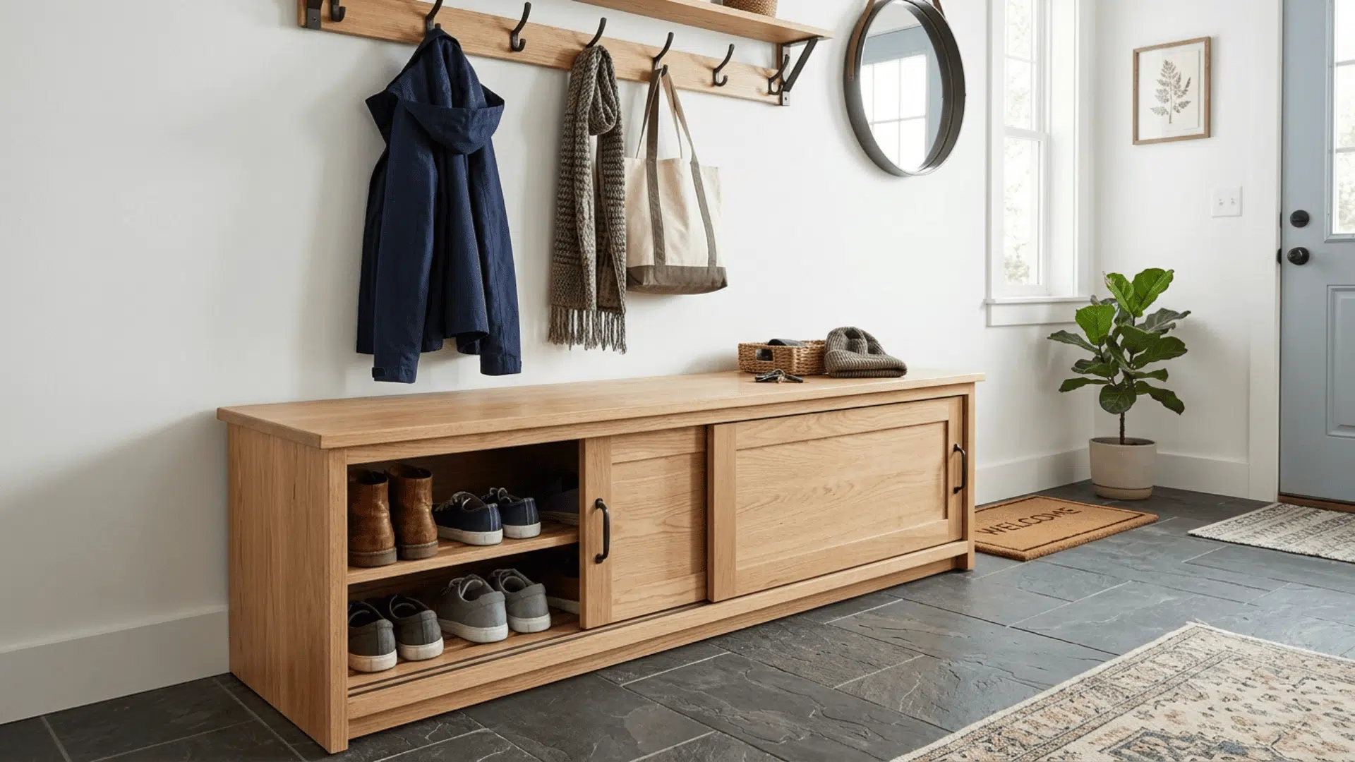 wide wooden mudroom bench with sliding storage doors slightly open revealing shoes stored inside against a white wall