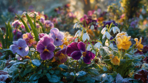 winter flowering plants creating a colorful garden in cold weather