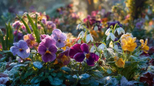 winter flowering plants creating a colorful garden in cold weather