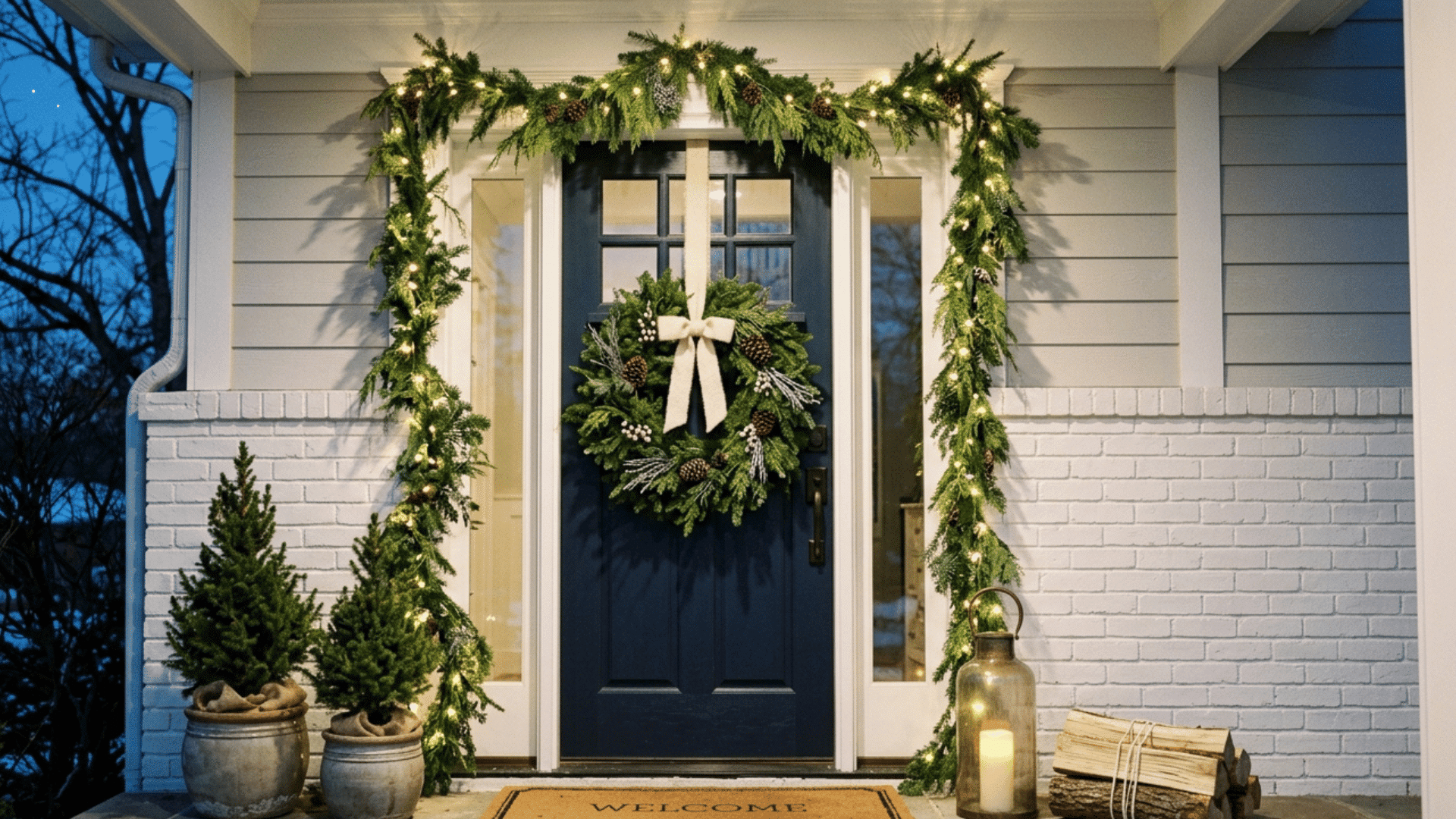 winter front door with evergreen garland, wreath, lights, and lanterns.