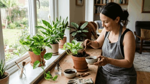 woman adding coffee grounds to indoor plants on windowsill, repotting pothos with natural light in cozy home setting