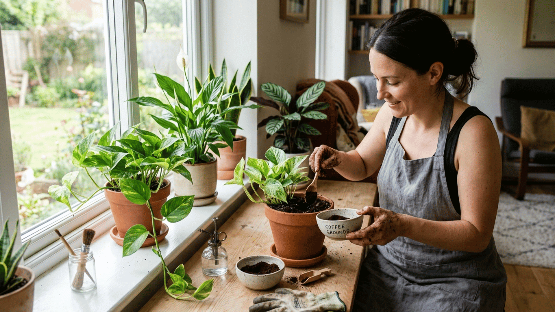 woman adding coffee grounds to indoor plants on windowsill, repotting pothos with natural light in cozy home setting
