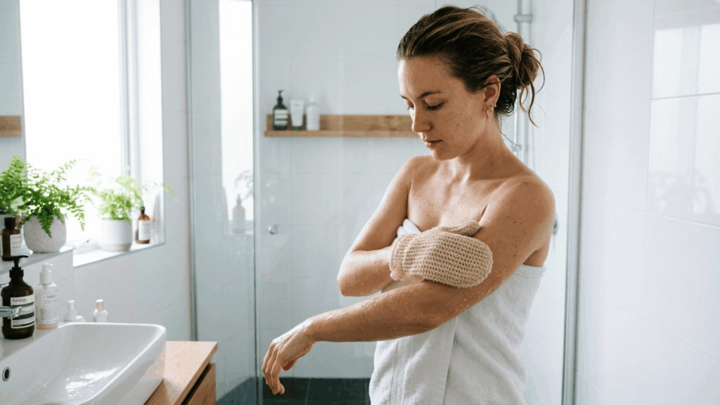 woman exfoliating skin with a mitt before a spray tan appointment as part of pre-tan preparation routine
