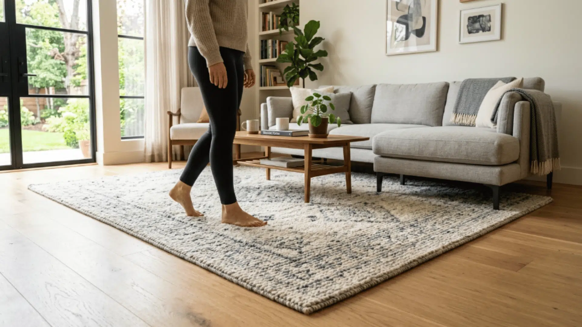 woman walking barefoot on a soft wool rug in a bright living room, highlighting comfort, texture, and everyday use of ernesta rugs (1)