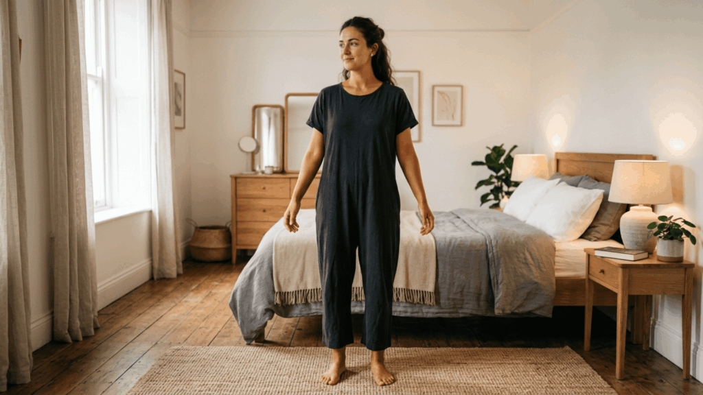 woman wearing loose dark clothing standing relaxed after a spray tan session during the immediate aftercare window
