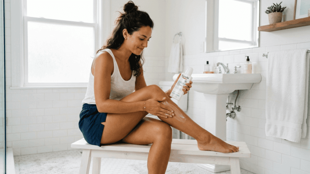 woman with even bronze spray tan applying moisturizer to legs as part of a daily long-term spray tan maintenance routine