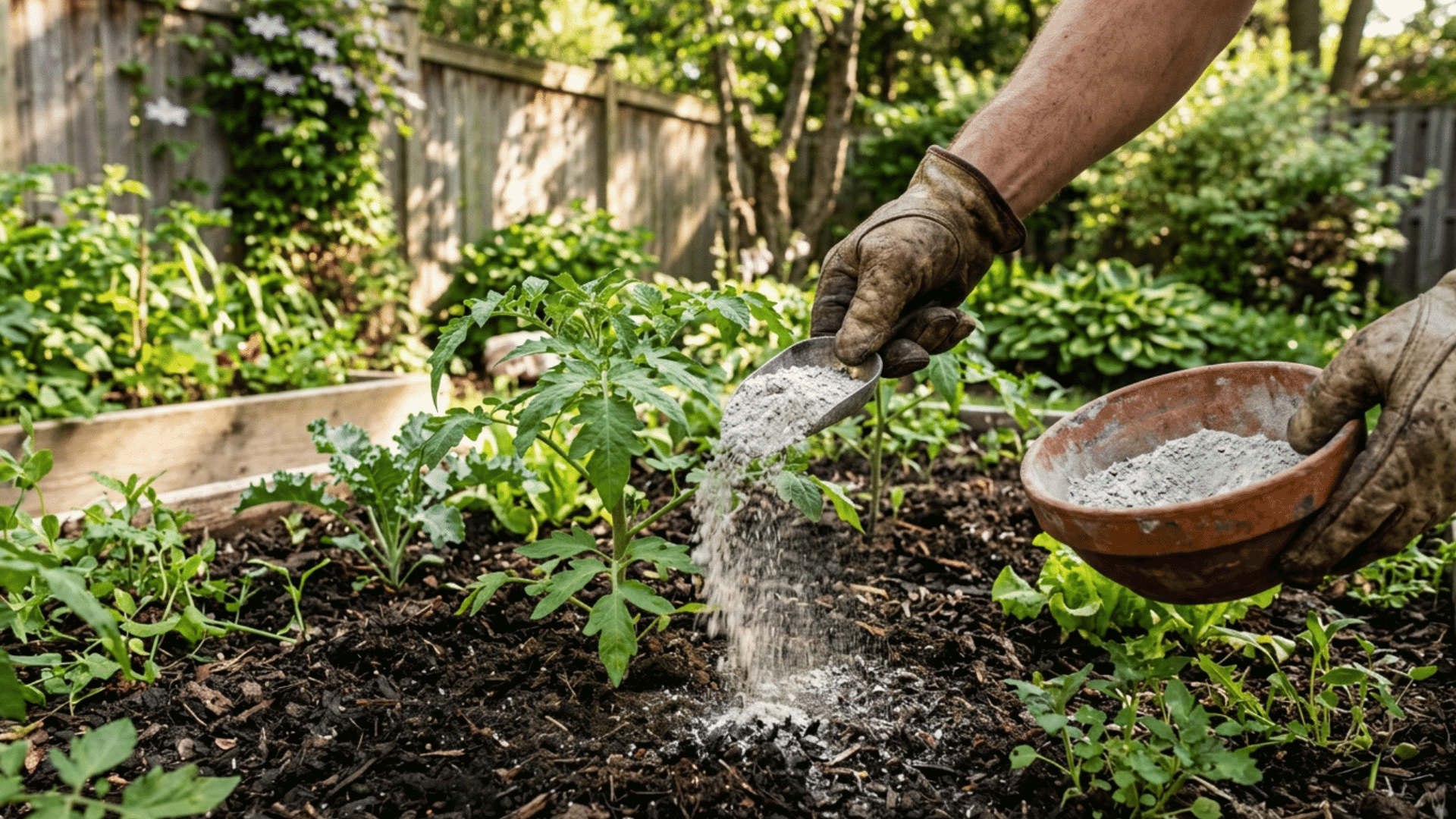 wood ash sprinkled on soil around garden plants in outdoor backyard under sunlight